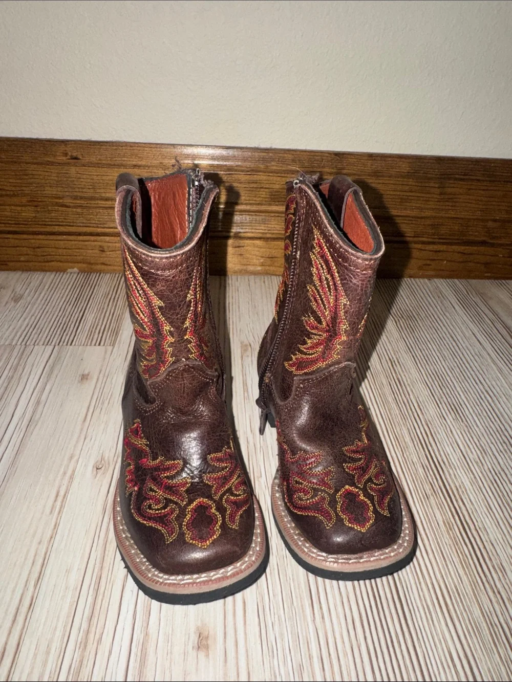 Kids Brown Western Embroidered Cowboy Boots with Red Accent
